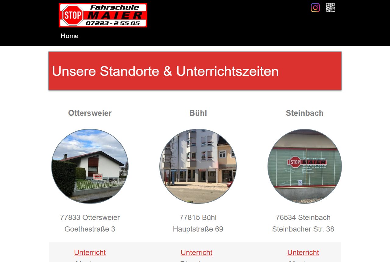 Die bisherige Website der Fahrschule Maier mit den drei Standorten Ottersweier, Bühl und Steinbach in runden Bildern.