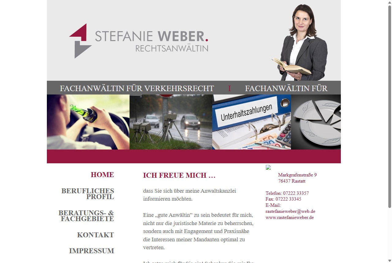 Die alte Website der Kanzlei Weber aus dem Jahr 2014 mit schmaler fester Breite und Stockfotos.